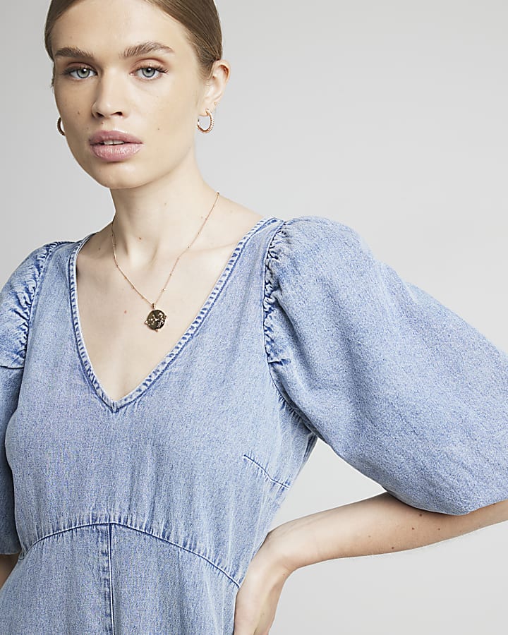 Blue denim puff sleeve smock midi dress
