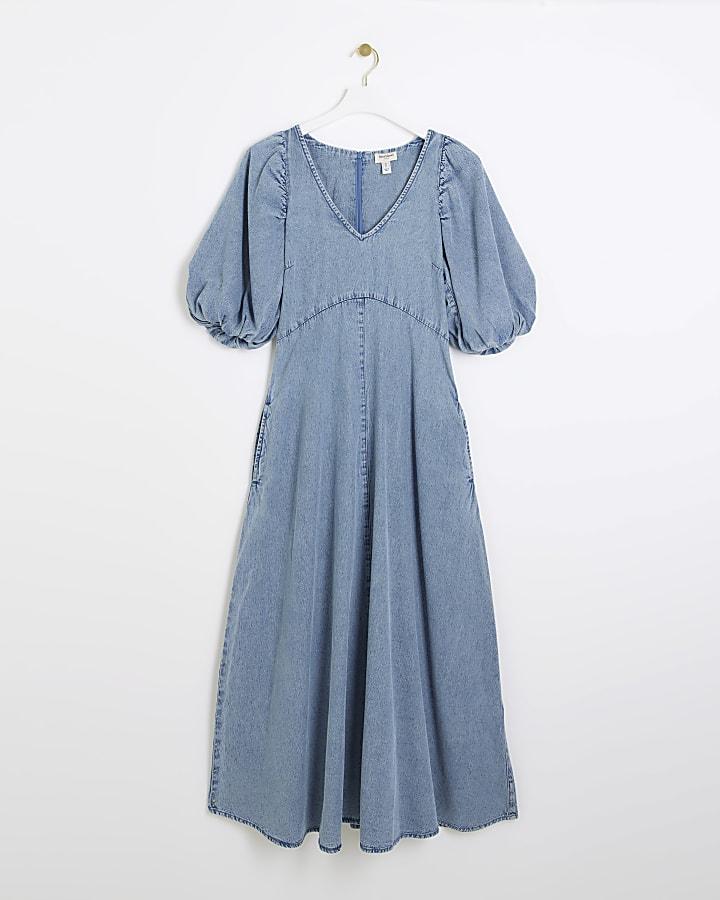Blue denim puff sleeve smock midi dress