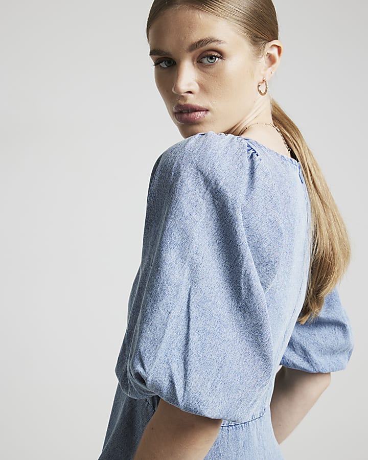 Blue denim puff sleeve smock midi dress