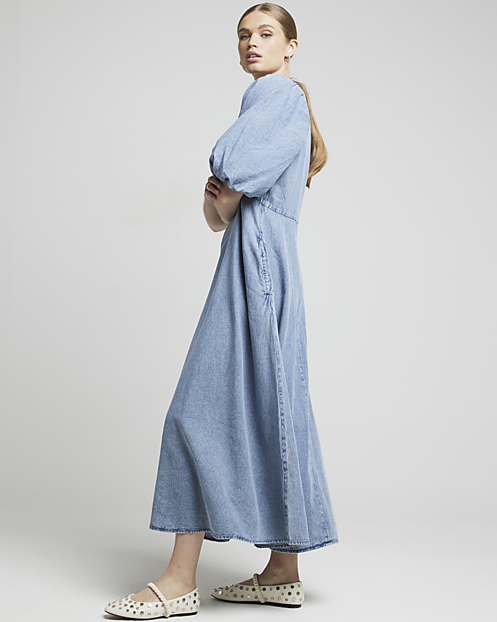 Blue denim puff sleeve smock midi dress