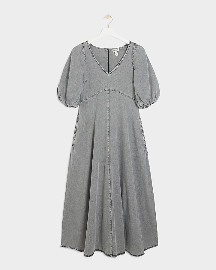 Grey denim puff sleeve smock midi dress