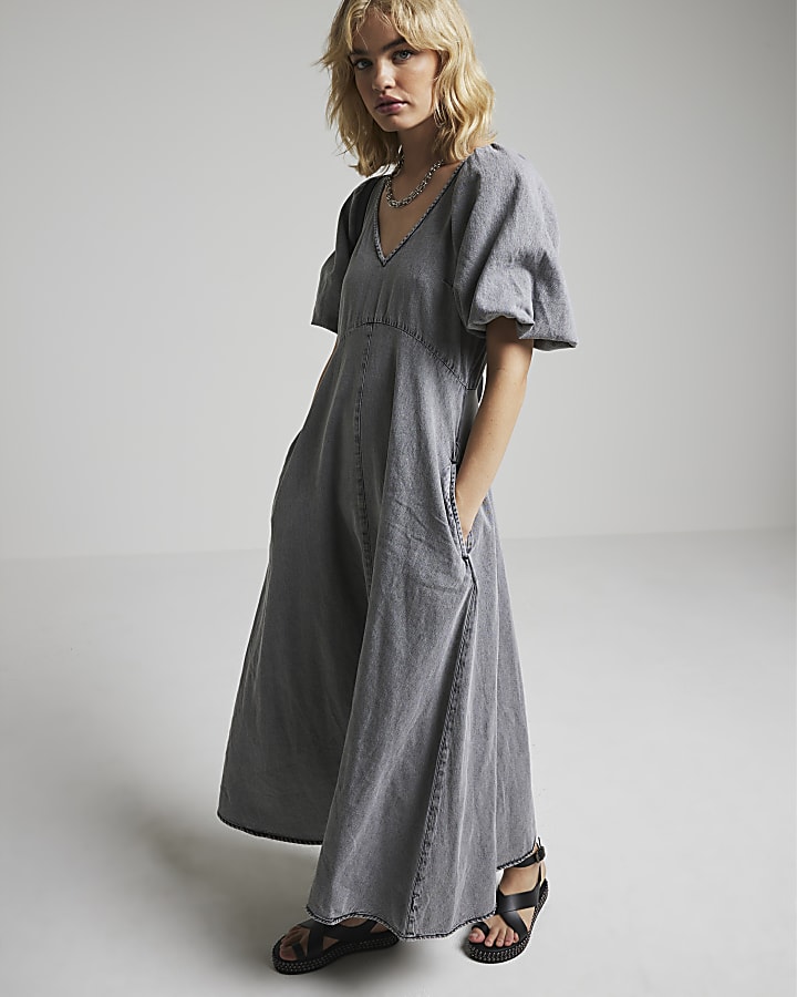 Grey denim puff sleeve smock midi dress