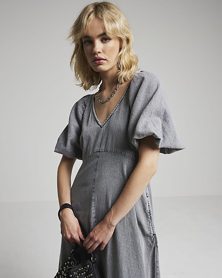 Grey denim puff sleeve smock midi dress