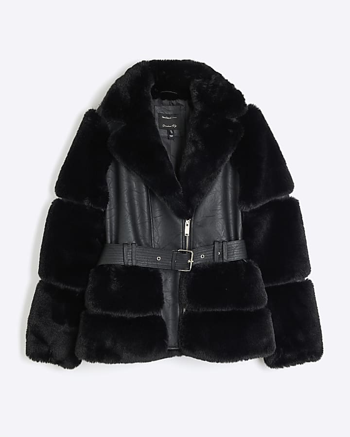 Black Belted Faux Fur Biker Jacket