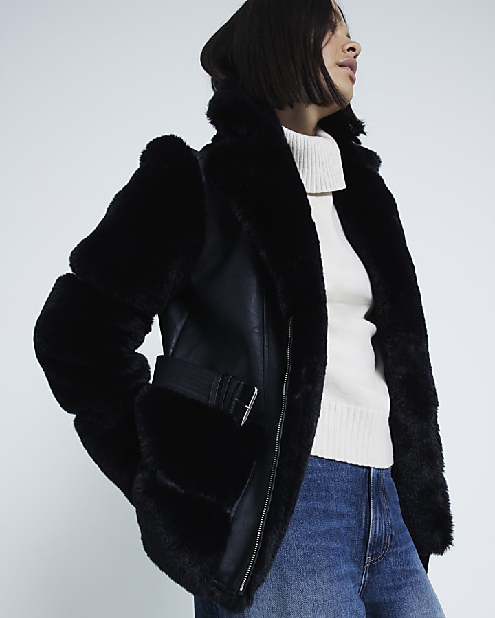 Black Belted Faux Fur Biker Jacket