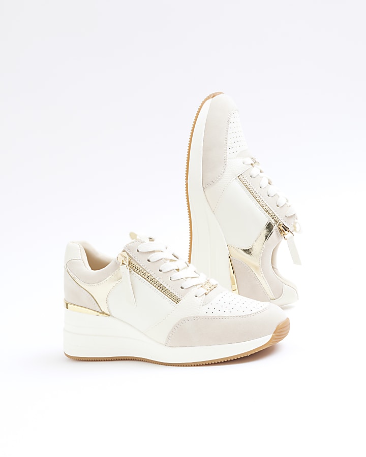 White Lace Up Wedge Trainers