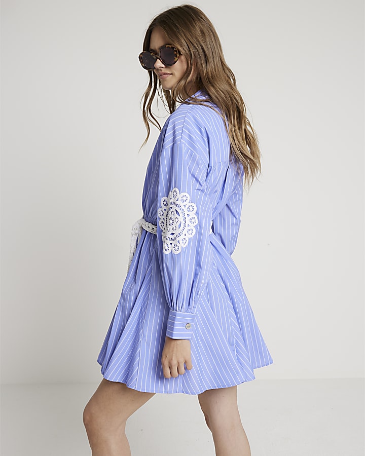 Blue stripe broderie mini shirt dress