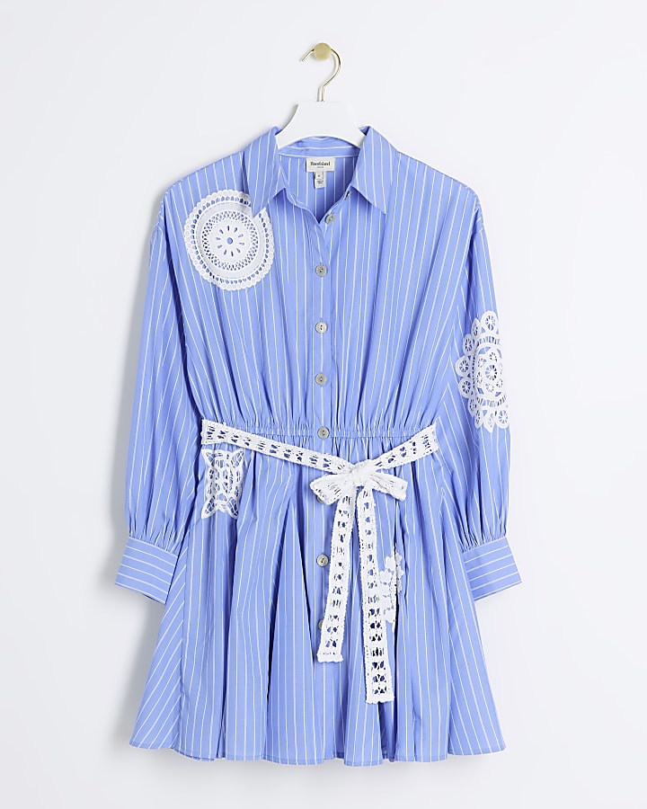 Blue stripe broderie mini shirt dress