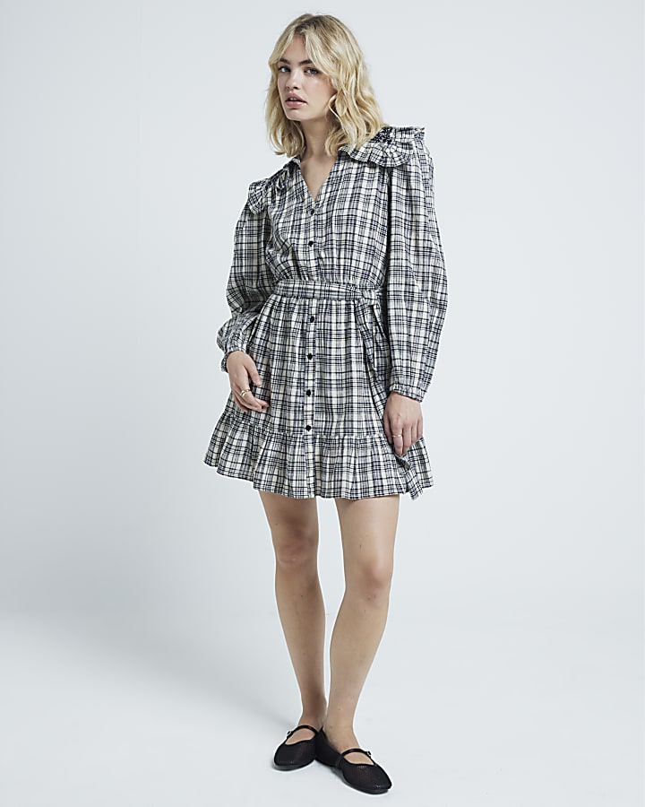 Grey Frill Collar Mini Shirt Dress