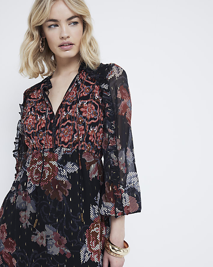 Black chiffon floral smock midi dress