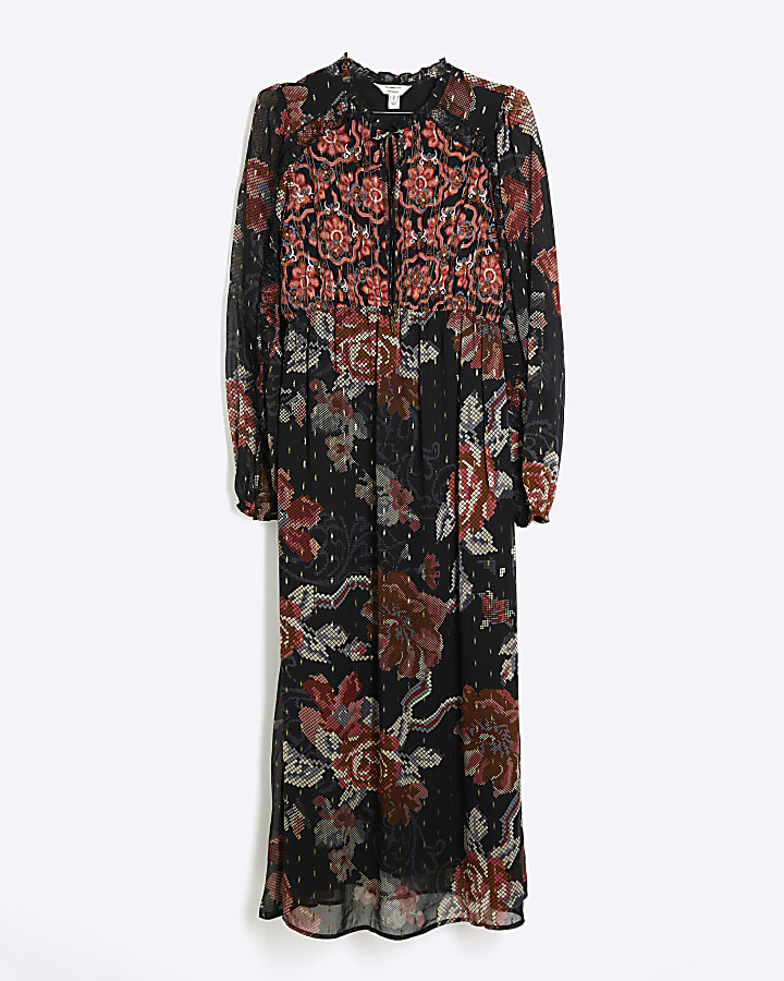 Black chiffon floral smock midi dress