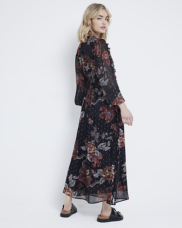 Black chiffon floral smock midi dress