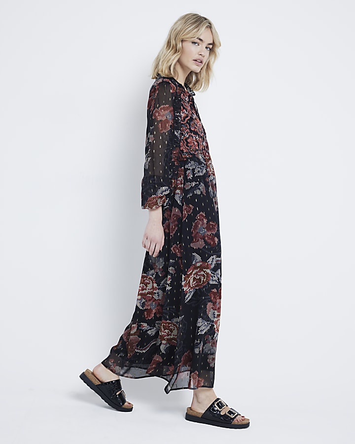 Black chiffon floral smock midi dress