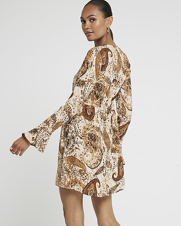 Beige paisley tie font swing mini dress