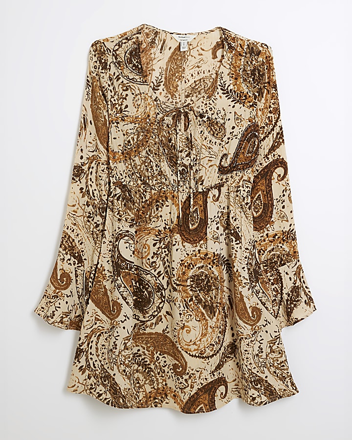 Beige paisley tie font swing mini dress