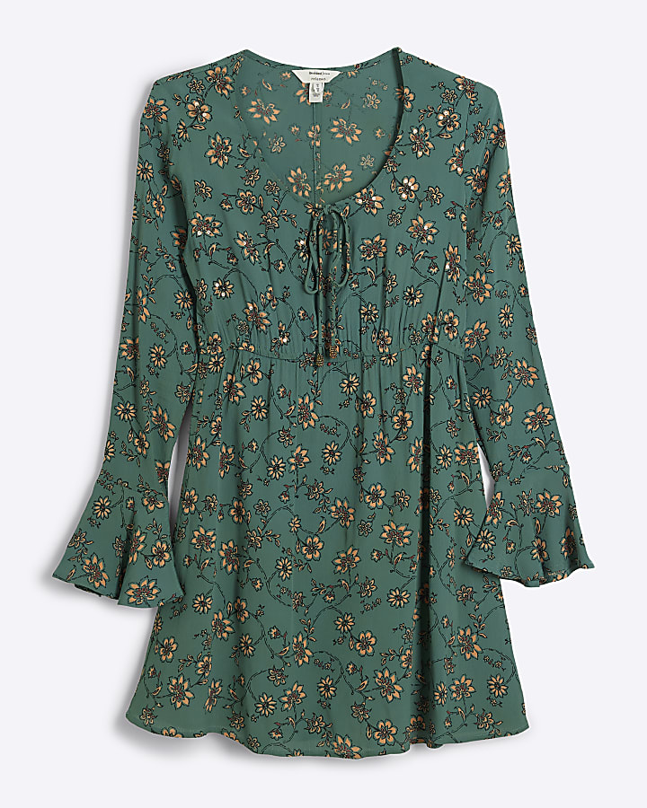 Green floral swing mini dress