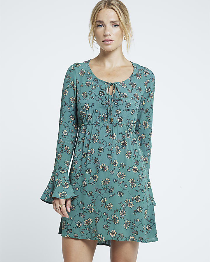 Green floral swing mini dress