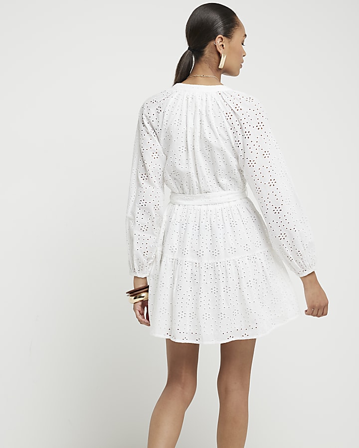 White Broderie Belted Mini Shirt Dress