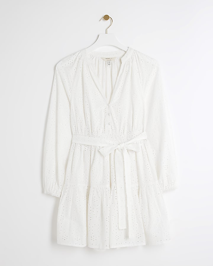 White Broderie Belted Mini Shirt Dress