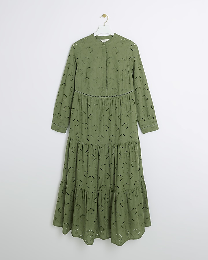 Khaki broderie tiered midi shirt dress