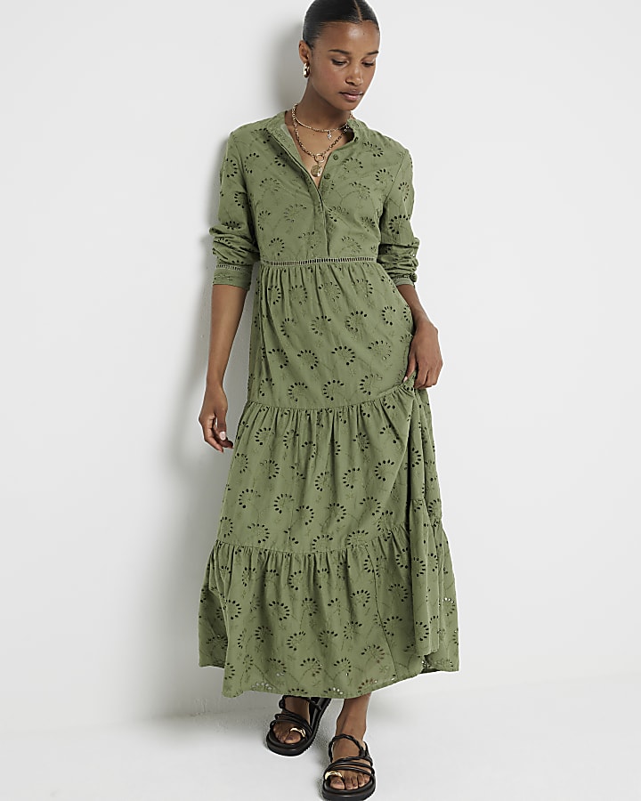 Khaki broderie tiered midi shirt dress