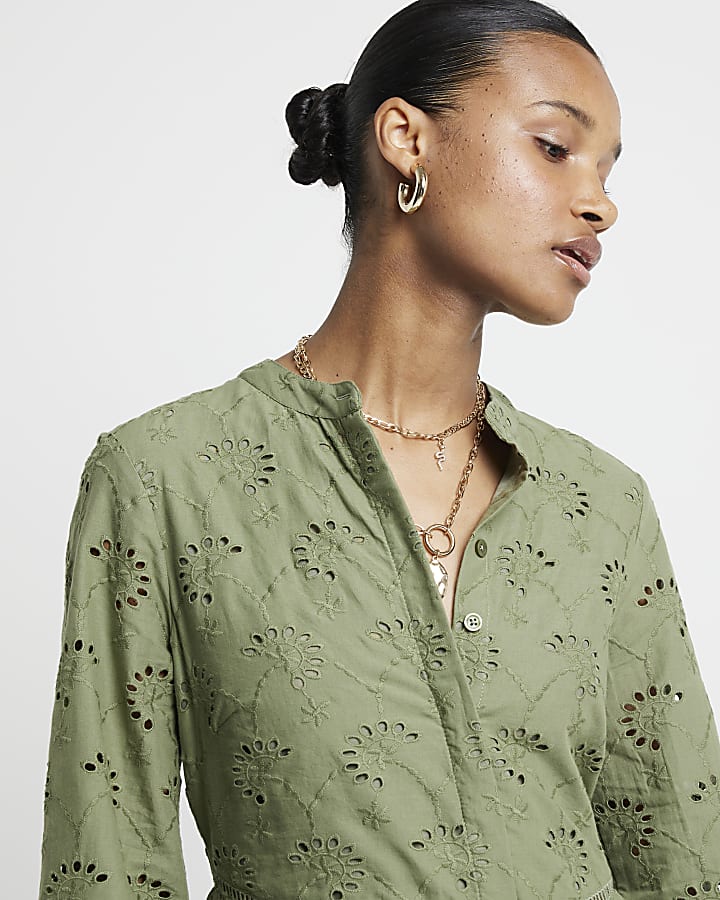 Khaki broderie tiered midi shirt dress