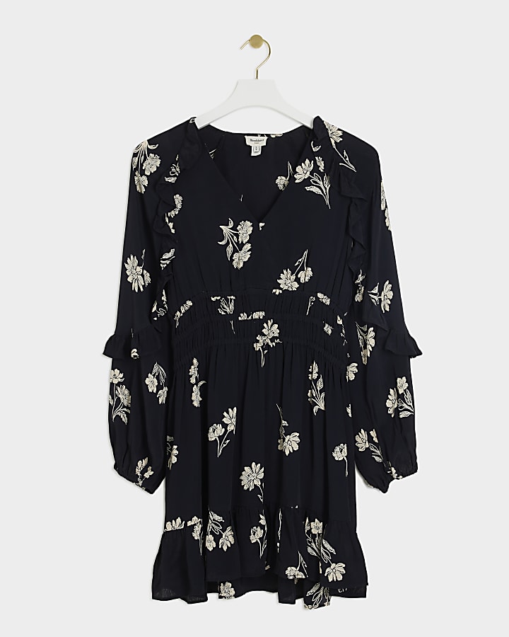 Black floral frill detail swing mini dress