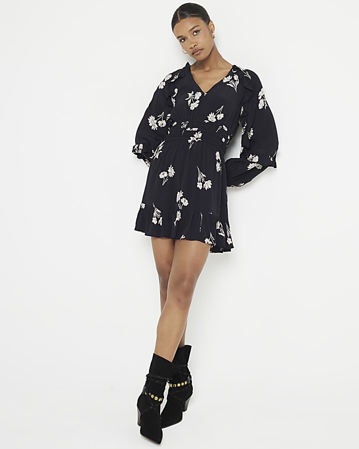 Black floral frill detail swing mini dress