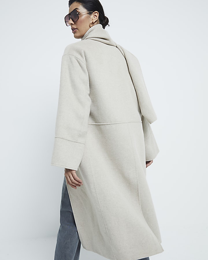 Beige Premium Wool Blend Scarf Coat