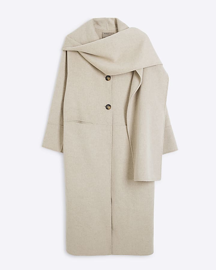 Beige Premium Wool Blend Scarf Coat