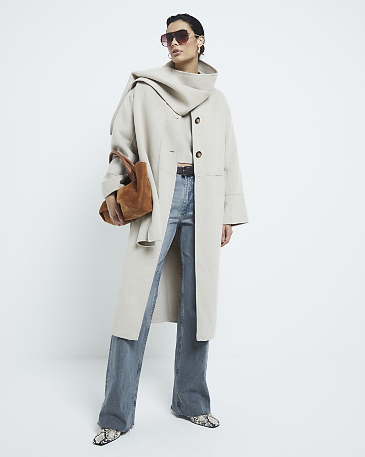 Beige Premium Wool Blend Scarf Coat