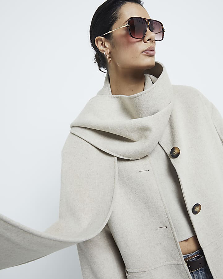 Beige Premium Wool Blend Scarf Coat