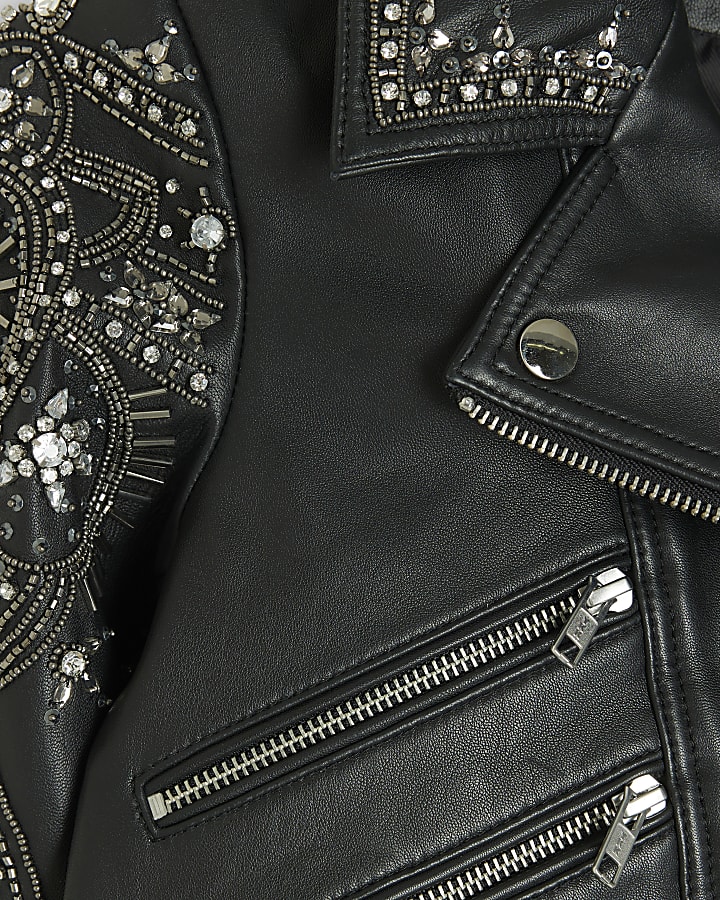 Black leather embellished biker jacket