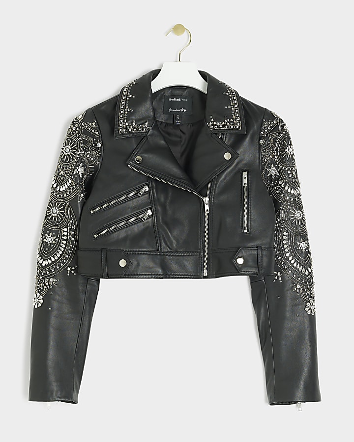 Black leather embellished biker jacket