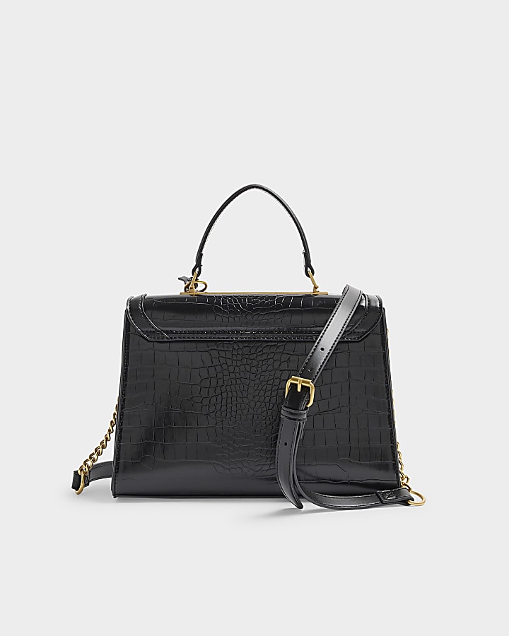 Black croc embossed cross body top handle bag