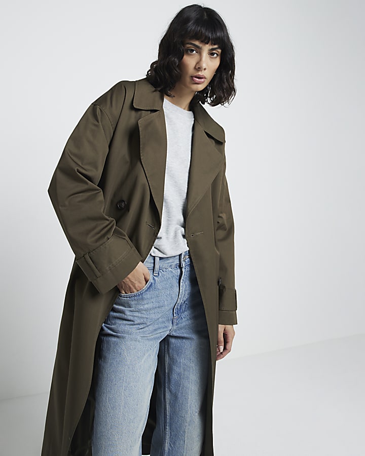 Khaki belted longline trench coat