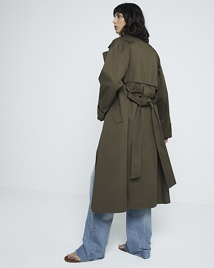 Khaki belted longline trench coat