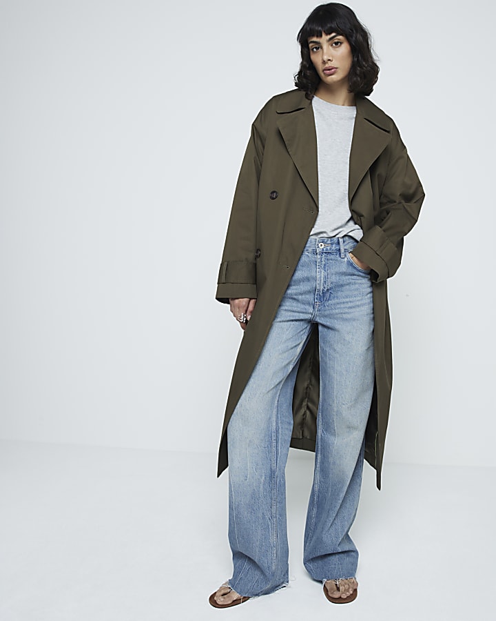 Khaki belted longline trench coat River Island