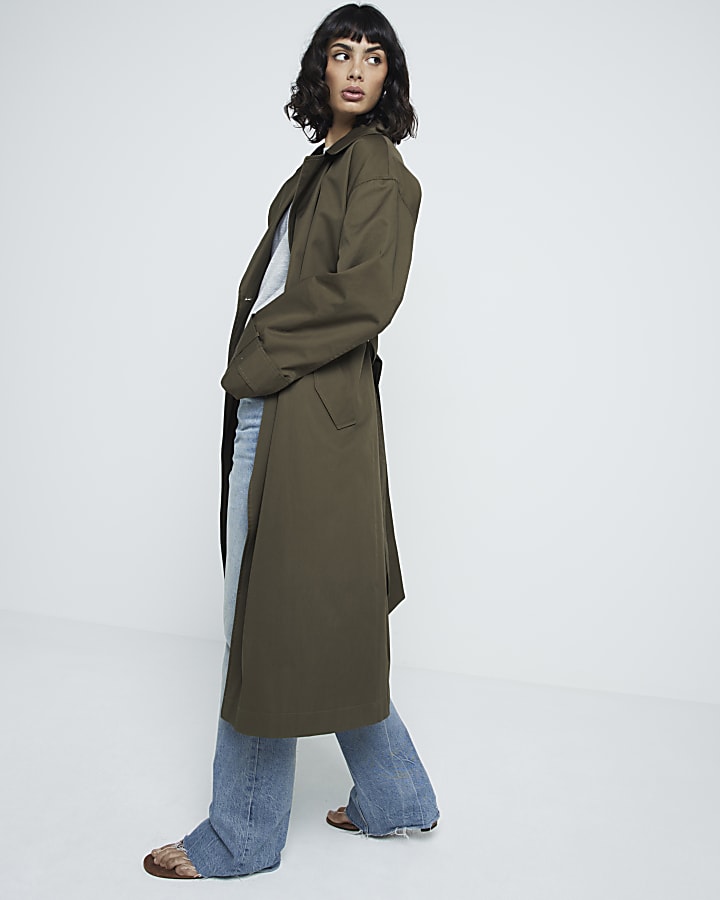 Khaki belted longline trench coat