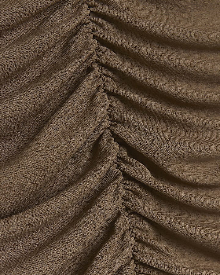 Brown mesh ruched long sleeve top