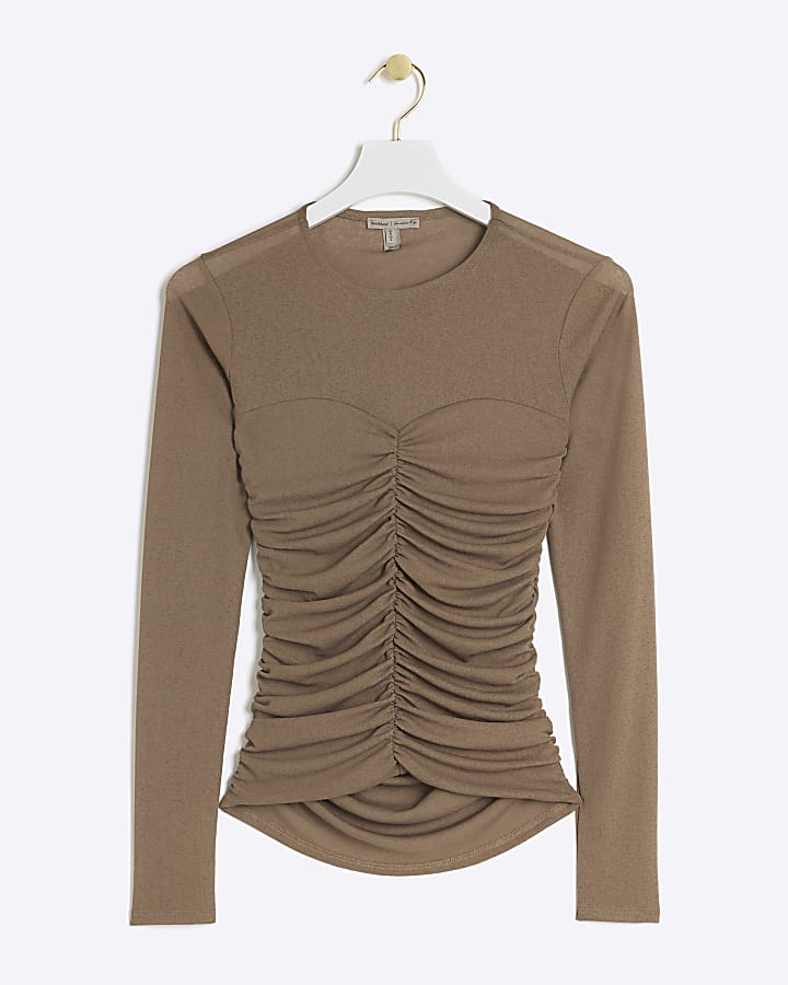 Brown mesh ruched long sleeve top