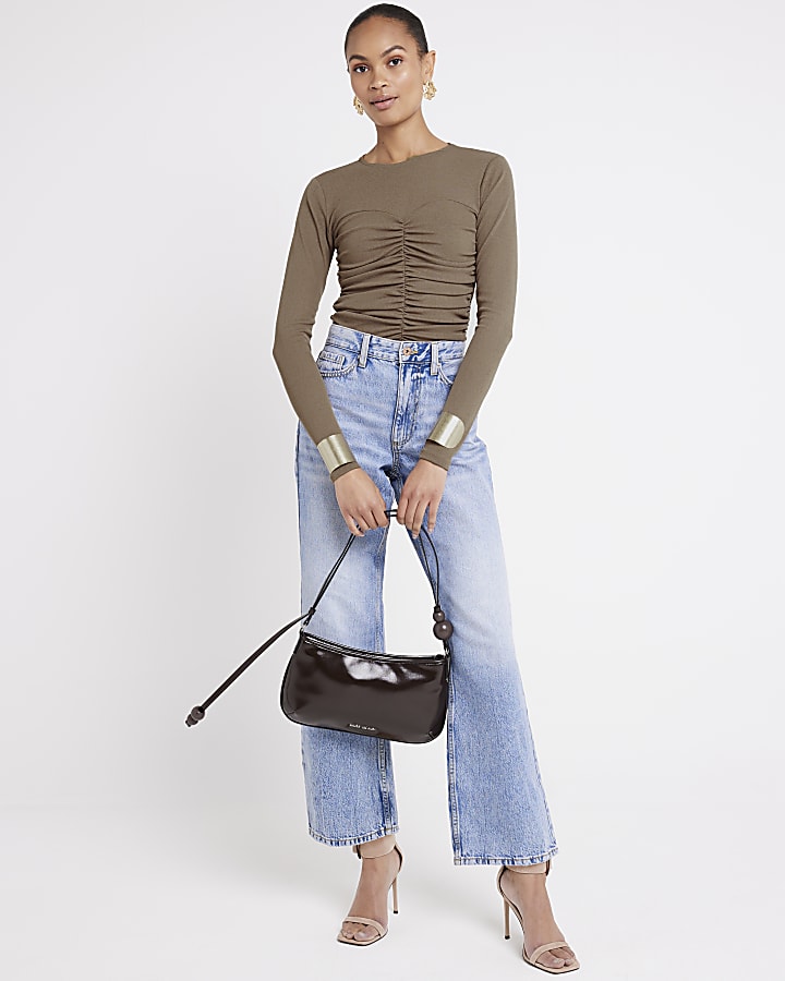 Brown mesh ruched long sleeve top