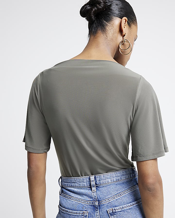 Khaki drape plain t-shirt