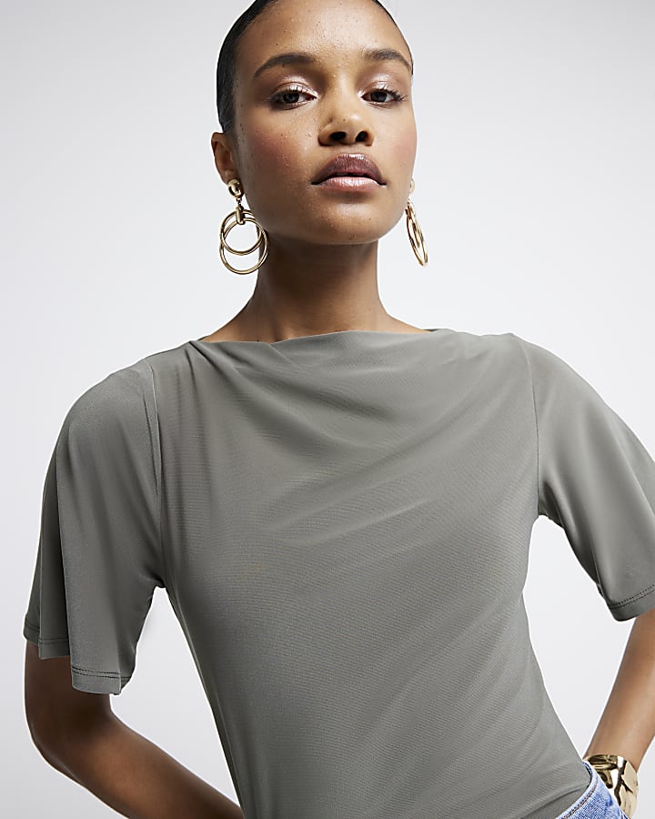 Khaki drape plain t-shirt