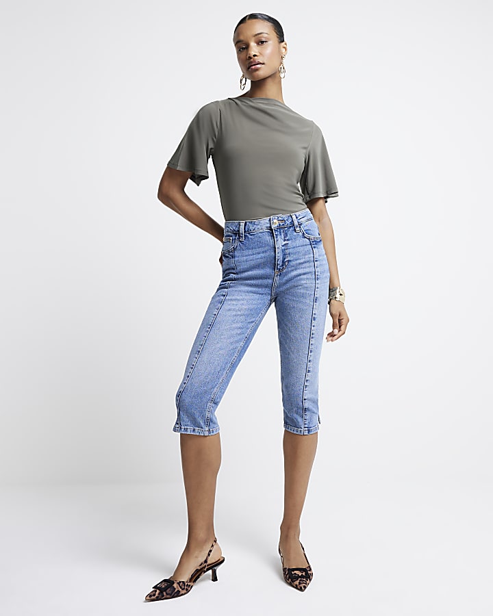 Khaki drape plain t-shirt