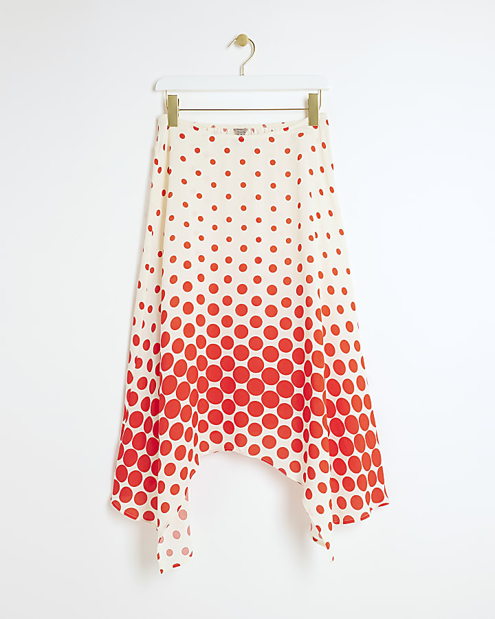 Red spot asymmetric midi skirt