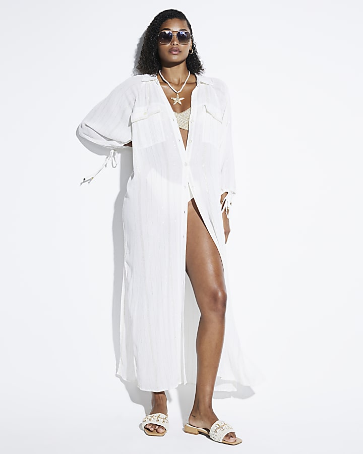 Cream metallic stripe maxi shirt dress River Island