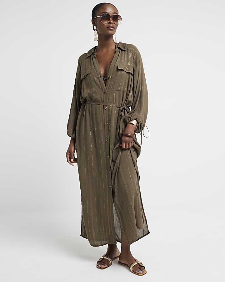 Khaki metallic stripe maxi shirt dress River Island