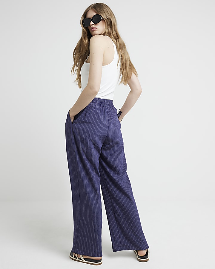 Navy Stripe Wide Leg Trousers