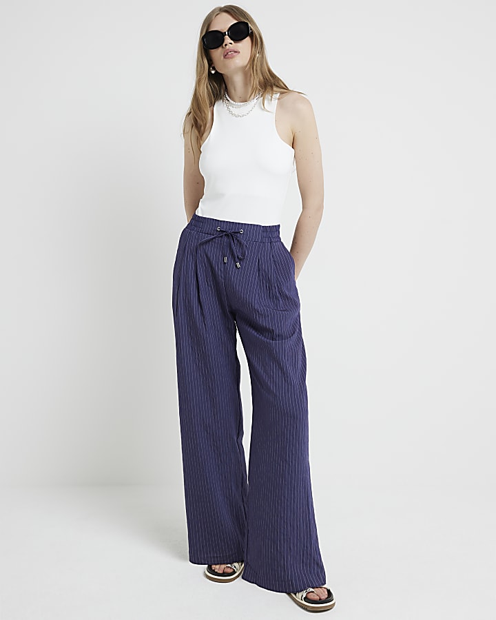 Navy Stripe Wide Leg Trousers